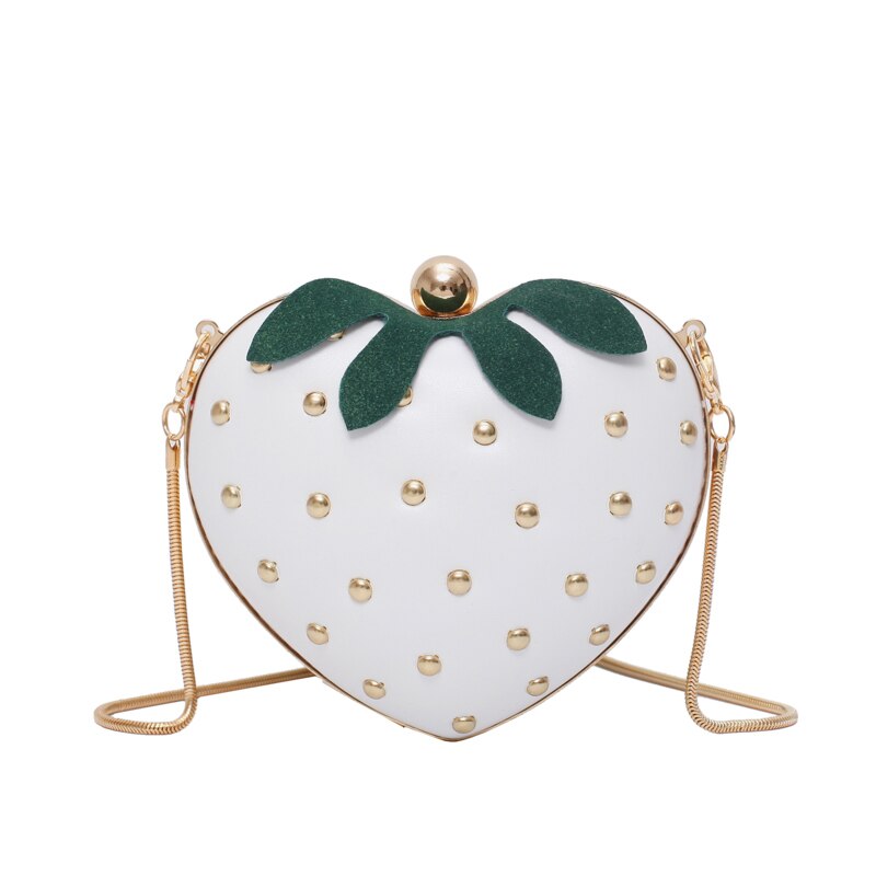 Sac à main en forme de fraise pour femmes, petit sac à bandoulière avec chaîne en métal, porte-monnaie cloutée: WHITE