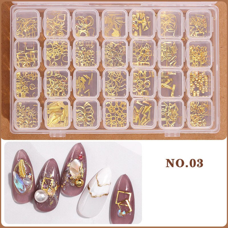 Ensemble d'accessoires pour ongles à 28 grilles, poire/métal/coque/résine/cristal strass pour manucure/bricolage, Kit de décorations pour Nail Art # DXM12: 28 grids jewelry-03
