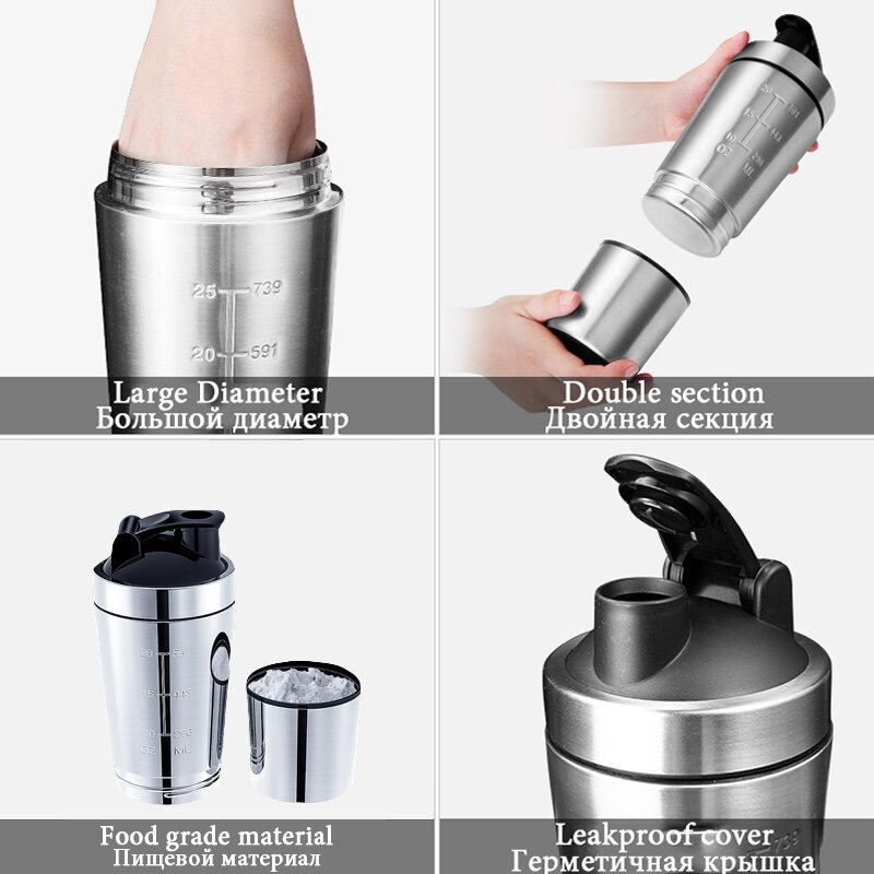 Bouteille de Shaker de Sport en poudre de protéine de lactosérum amovible de 26Oz pour bouteilles d&#39;eau, tasse en acier inoxydable mélangeur sous vide, articles de boissons d&#39;extérieur