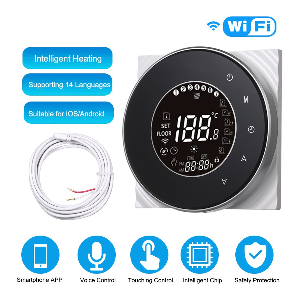 Smart Electric Heating Thermostat with Touchscreen LCD Display Weekly Programmable Room Temperature Controller 16A 95~240V: black with WiFi