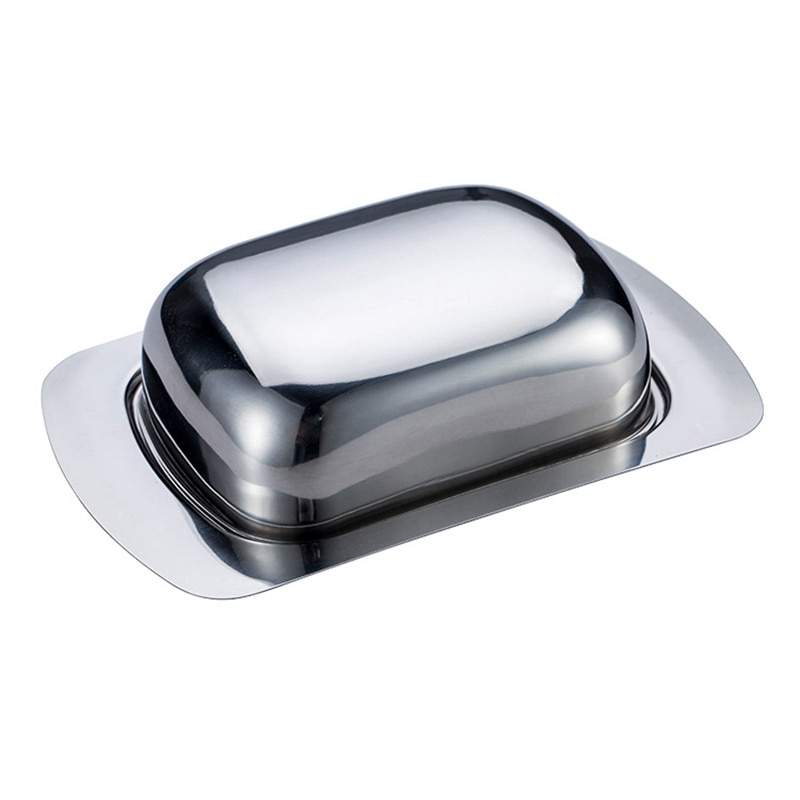Caja ovalada de acero inoxidable para plato de mantequilla, contenedor con servidor de queso brillante, bandeja de almacenamiento con tapa fácil de sostener