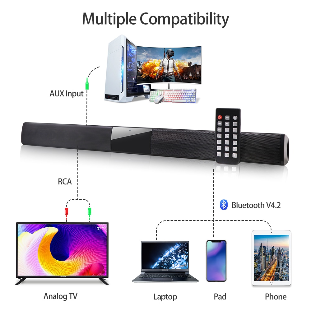 20W Draadloze Bluetooth Soundbar Speaker Home Theater Systeem Stereo Tv Geluid Bar Subwoofer Kolom Voor Slimme Telefoon Pc Tablet MP4