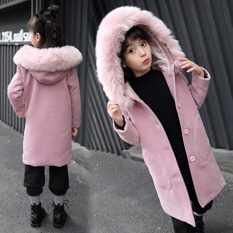 Baby pige uld frakke hætteklædte efterår vinter piger jakke med lommer piger pels krave overtøj børn jakker til piger 5 7 10