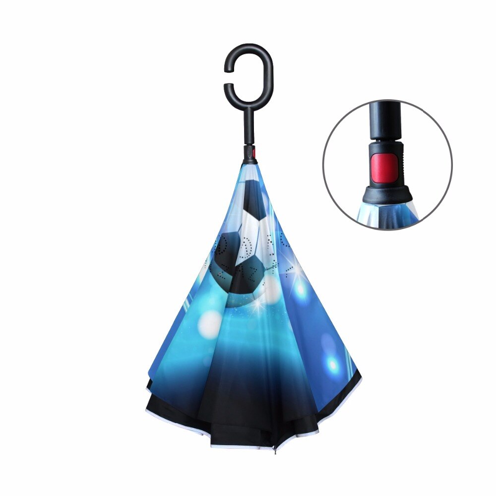 De fútbol a prueba de viento inversa plegable de doble capa fluorescente de paraguas soporte autónomo protección contra la lluvia C-gancho manos para coche
