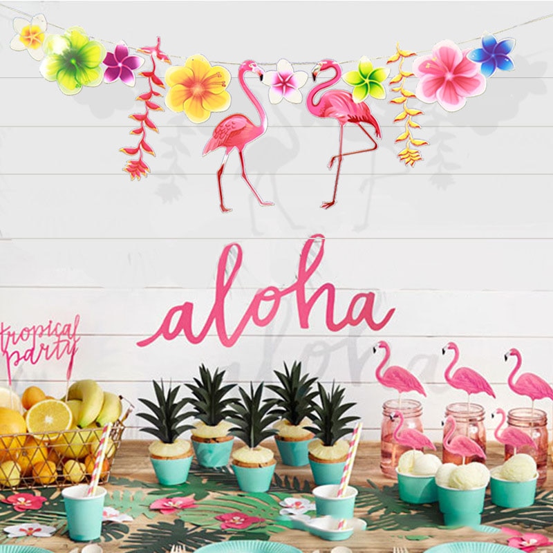 Aloha Party Banner Set | Hawaii Dekoration Mit Flamingo & Palmenblättern