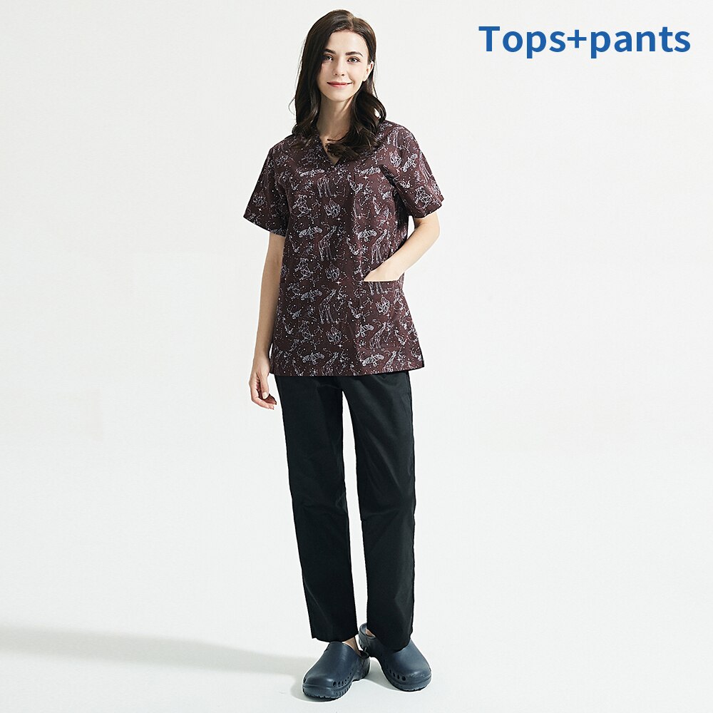 Unisex Beauty salon Workwear Short-sleeved suits for summer Breathable scrubs V-neck tops/pants uniform pet scrub costume cotton: tops pants / L