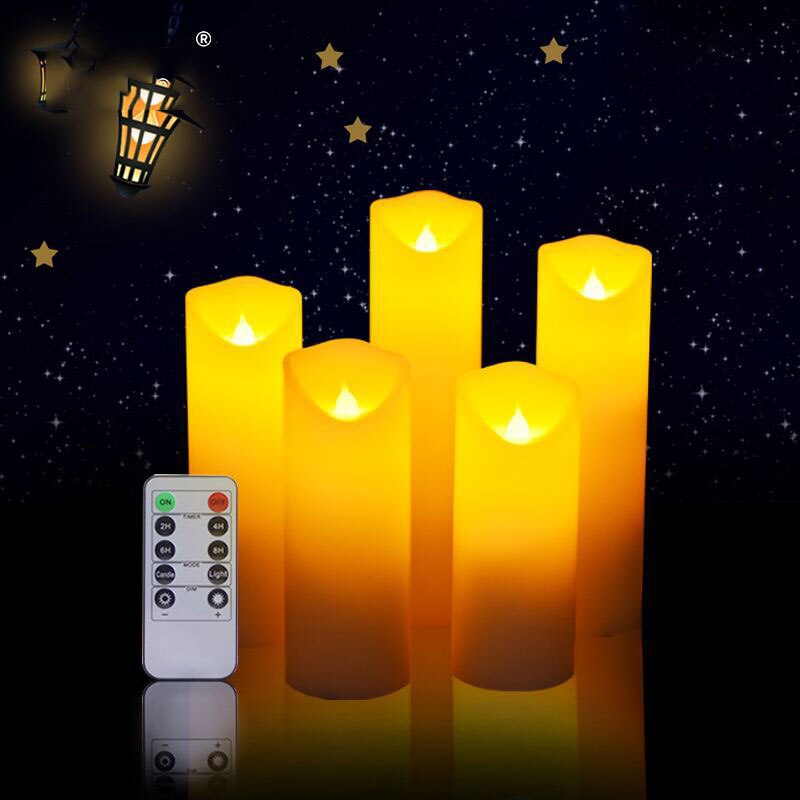 Pack of 5 Flickering Yellow Remote Control LED Flameless Wax Candles,Timer Battery Paraffin Pillar Candles For Dinner Decoration