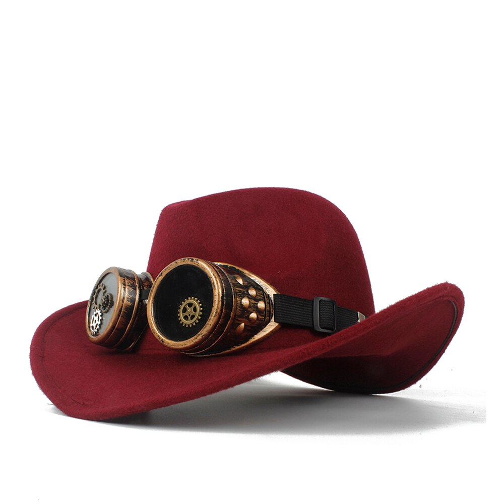 Sombrero de vaquero Steampunk para Hombre y mujer, Sombrero de lana con agujeros en el exterior, estilo occidental, Jazz, talla 56-58: Wine red