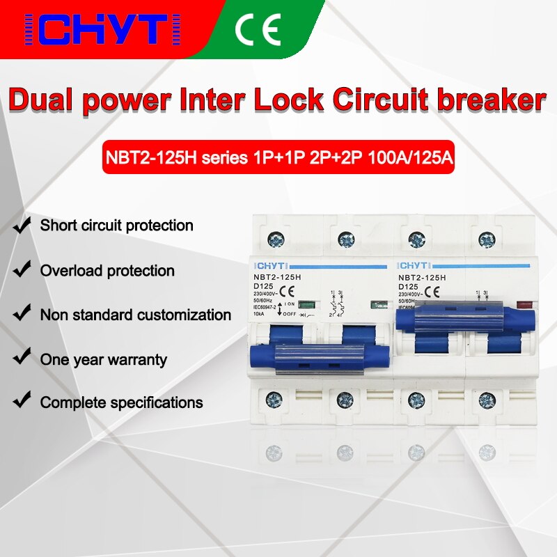 2P 100A 125A Mts Dual Power Handmatige Overdracht Schakelaar Inter Lock Circuit Breaker Mcb 50Hz/60Hz 400V