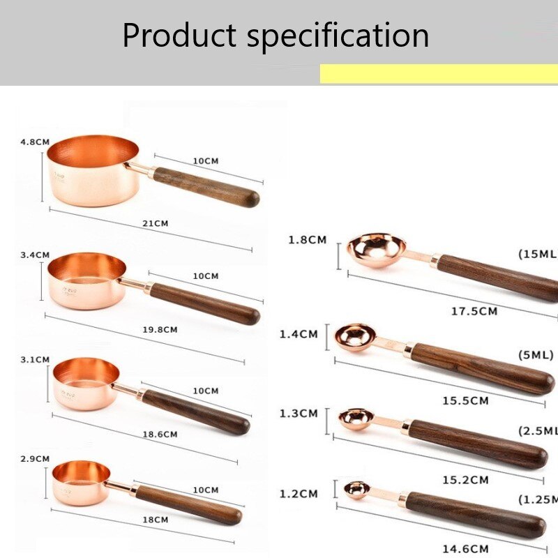 Juego de cucharas de medir de cocina, conjunto de herramientas de horneado, Escala de cucharilla, medida, mango de madera de nogal, taza de medición de oro rosa para el hogar y la Oficina, 4 Uds.
