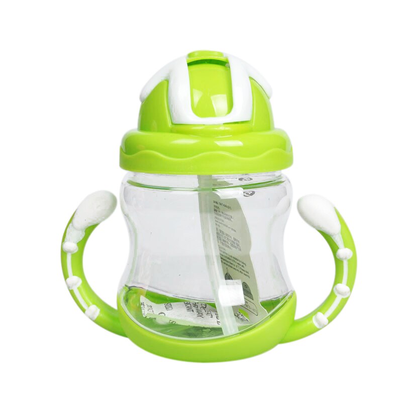 320ml Baby Bottle Kids Cup Silicone Children Training Cups Cute Baby Drinking Water Straw Handle Feeding Bottle: Green