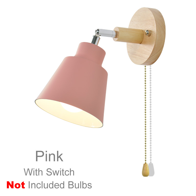 Nordic houten wandlamp bed wandlamp E27 blaker wandlamp voor slaapkamer gang 4 kleur met zip schakelaar Vrij draaibare: Roze