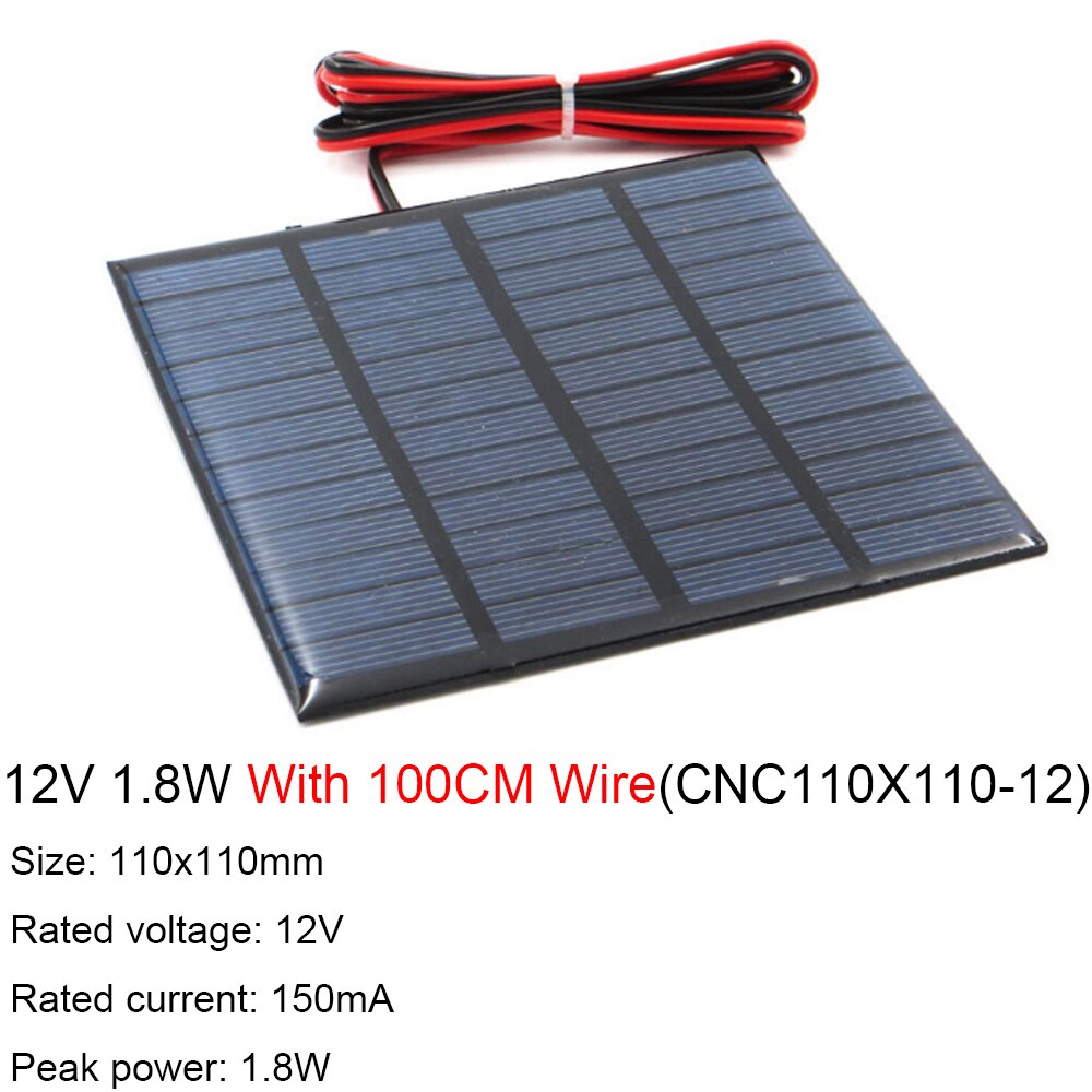 9V 12V 18V Zonnepaneel Met 100 200Cm Draad Mini Zonnestelsel Diy Voor Batterij Cel telefoon Oplader 1.5W 2W 3W 4.2W 4.5W 10W: 12V 1.8W