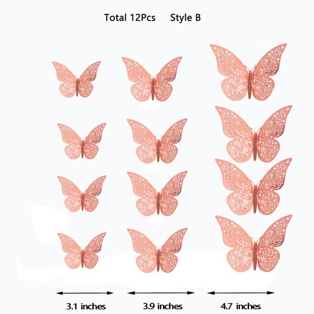 3D Royal Blue Hollow Paper Rose Flower Butterfly Wall Sticker Living Home Decoration Wedding Butterflies Decals: Rose Gold Style B