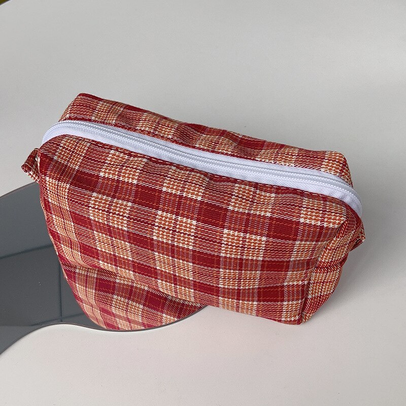 BM Style couleur rétro Plaid crayon sac grande capacité Portable fille cosmétique sac de rangement fournitures scolaires mignon papeterie: Red Plaid