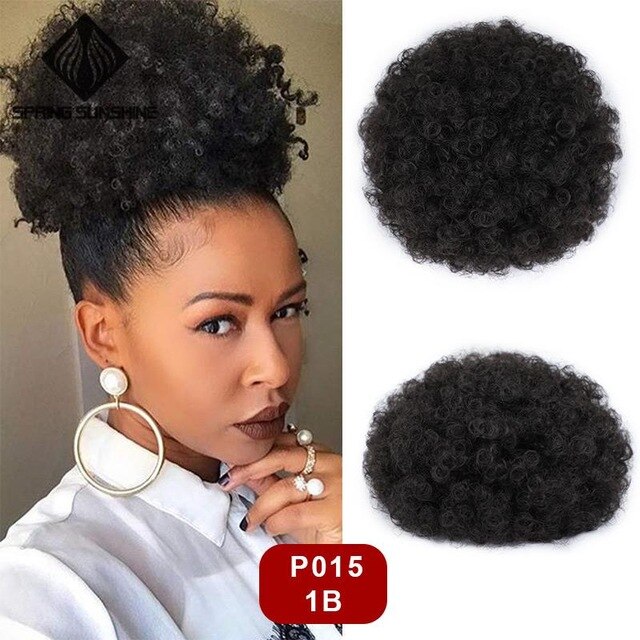 6inch Short Afro Puff Synthetic Hair Bun Kinky Curly Chignon Hairpiece For Women Drawstring Ponytail Updo Hair Extensions 1PC: P015-1B