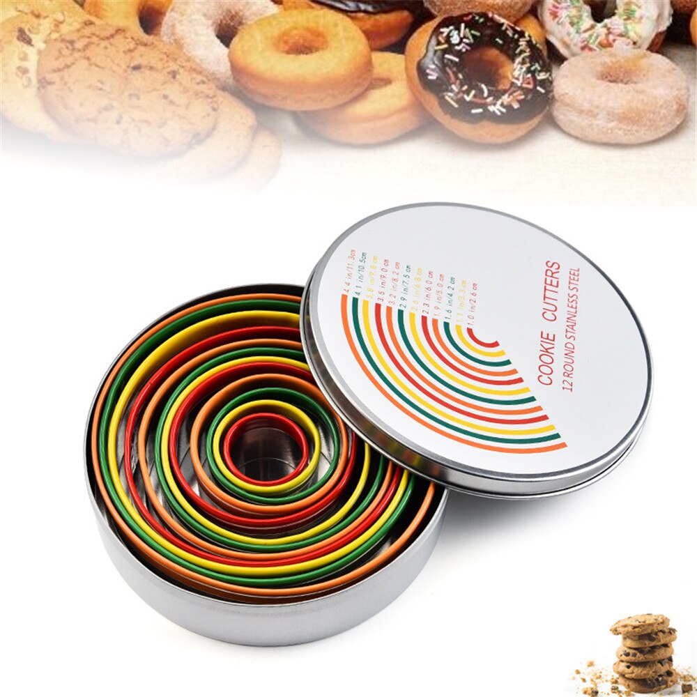 Set Of 12 Round Cookie Cutter Circle Biscuits Cutters With Storage Tin For Dough Pastry Donut Fondant Kitchen Accessories
