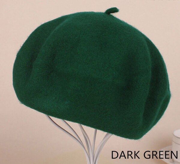 Women Girl Beret French Artist Warm Wool Winter Beanie Hat Cap Vintage Plain Beret Hats Solid Color Lady Winter Caps: Dark Green1