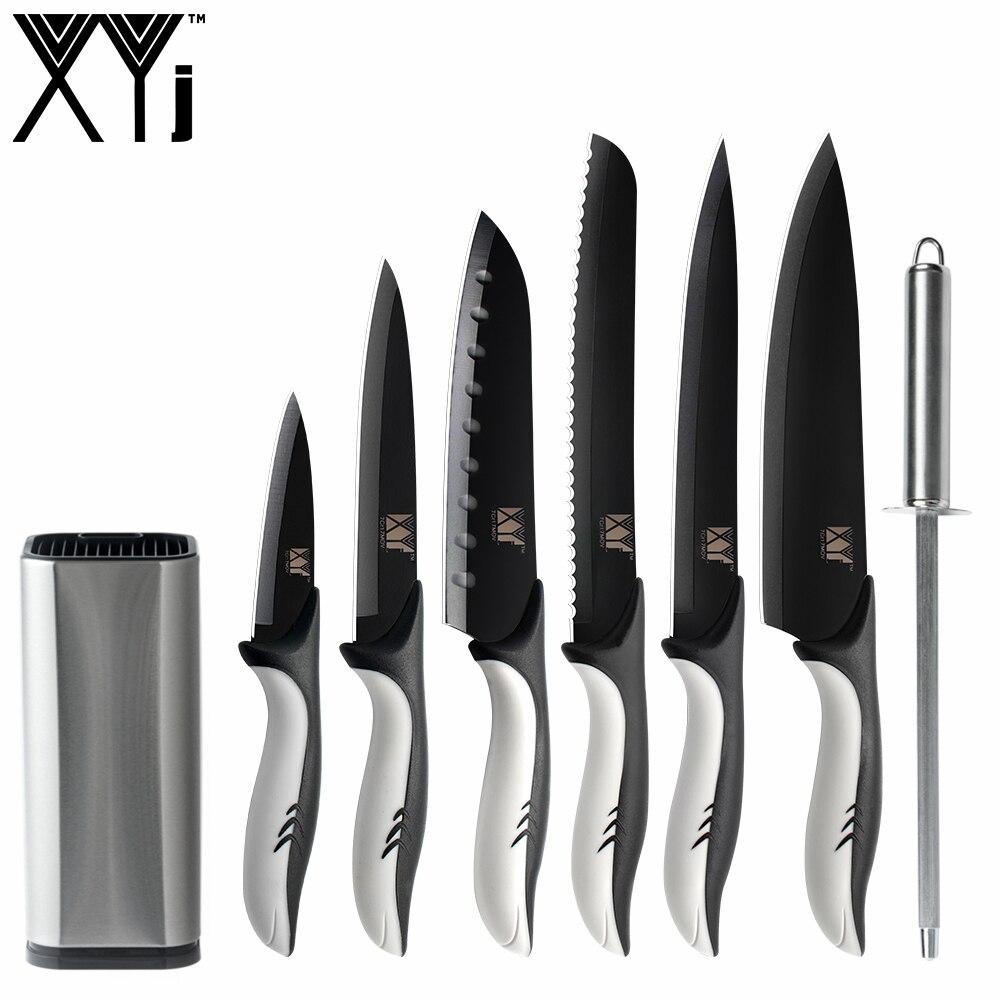 XYj-7 uds. De cuchillos de acero inoxidable para cocina, barra de afilado, rebanador de pan de 8 '', 7'', Santoku 5 '', utilidad, cuchillo de pelar de 3,5'': B.8PCS SET