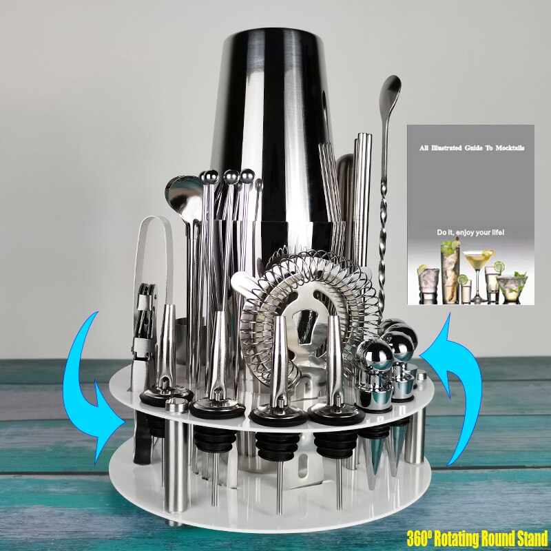 Cocktail Shaker Set, 28 Piece Bartender Kit with Rotating Stand:Stainless Steel Bar Set for Home, Bars, Parties and Traveling