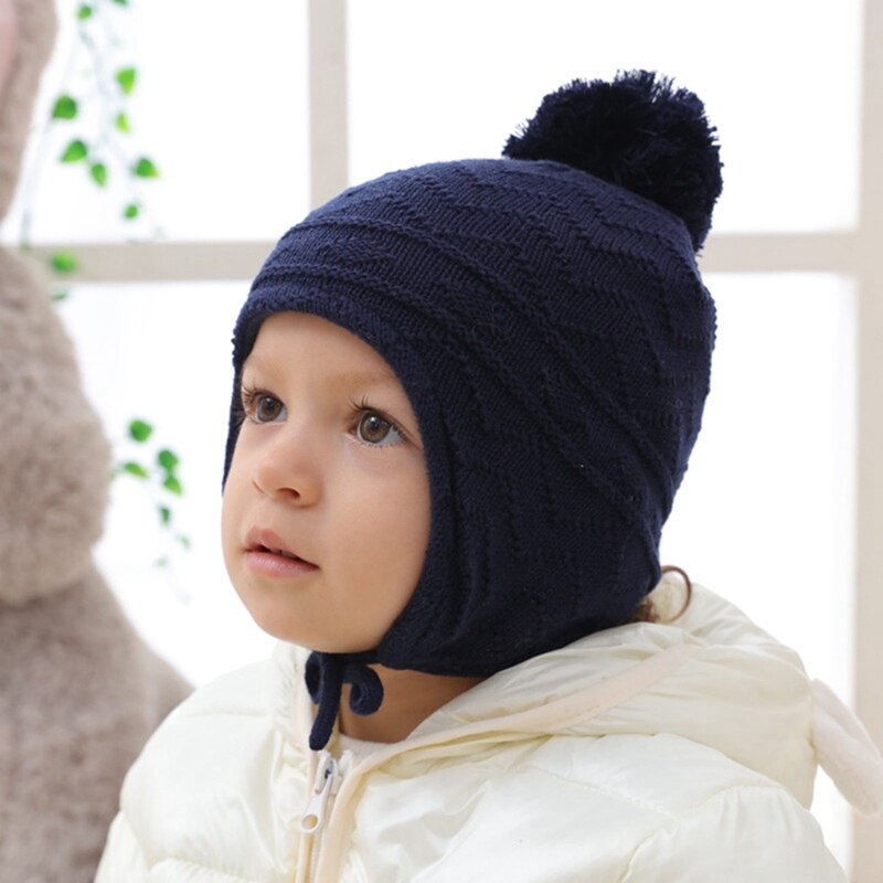 Winter Warm Kids Wol Hoed Gehoorbescherming Gebreide Muts Zachte Wollen Cap Effen Kleur Mode Baby Pompom Beanie Hoed Voor 0-5 Jaar