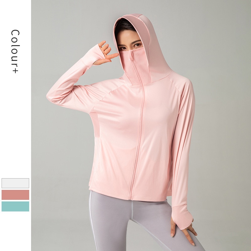 Chaqueta de protección solar para mujer, ligera, transpirable, con cremallera elástica, para correr al aire libre, traje de fitness con capucha, resistente al sol, camisa deportiva a prueba de viento