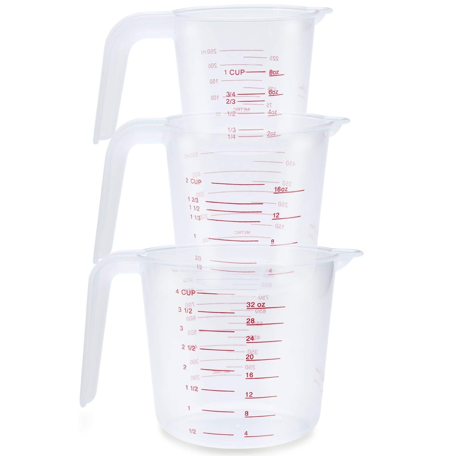 Juego de jarra medidora de plástico, vasos medidores grandes de 4 tazas, 2 tazas y 1 taza, capacidad libre de BPA, con agarre en ángulo, Kitc esencial, 3 uds.
