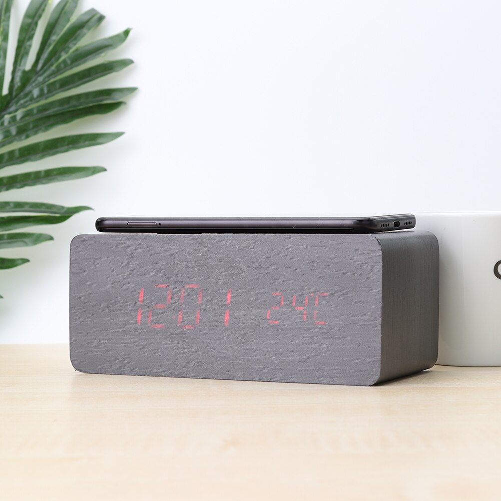 Wooden Alarm Clock with Wireless Charging Pad LED Digital Sound Control Phone Charge Multifunction Snooze Desk Clock