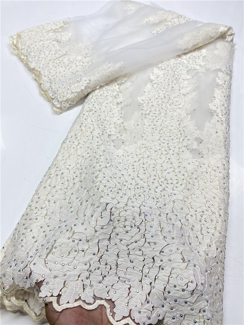 French African Lace Fabric With Stones Embroidered Nigerian Lace Fabrics For Wowen Wedding Sewing YA3620B-6