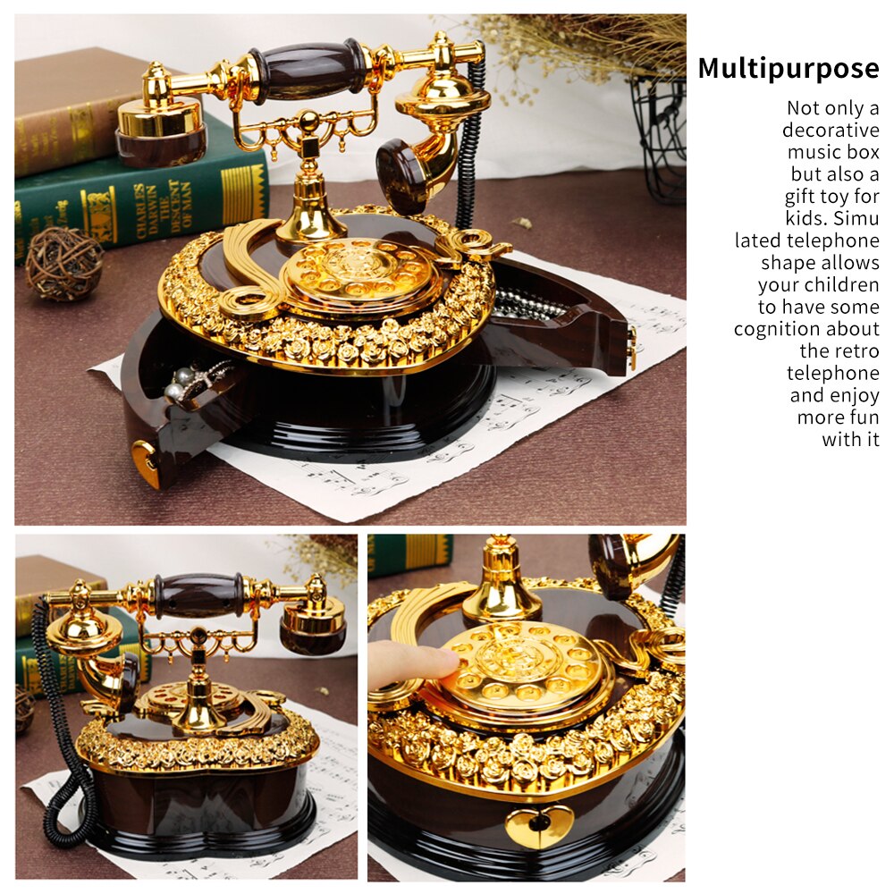 Retro Heart Shaped Telephone Model Music Box Birthday Home Ornament Decoration Antique Carved Wooden Hand Crank Music Box