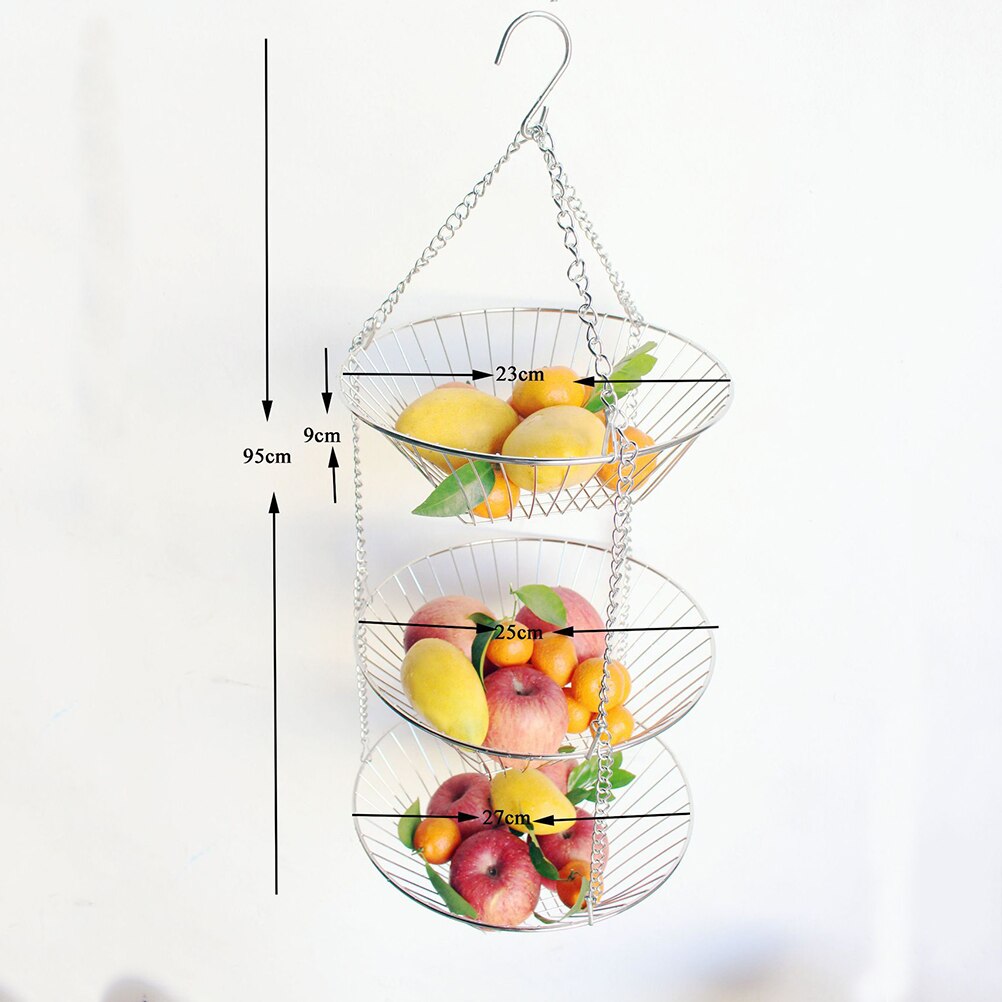 3-Tier Wire Hanging Basket Stainless Steel Basket Fruit Swing Bowl Vegetables Rack Display Stand