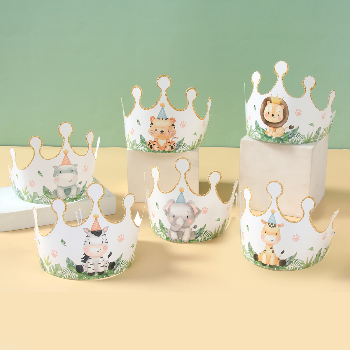 6pcs Cartoon Jungle Animal Party Paper Caps Crown Party Hats For Kids Wild One Birthday Party Woodland Baby Shower Supplies