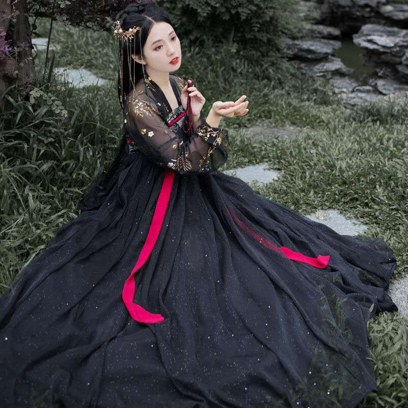 Vestido hanfu para niña, estilo chino, bordado, traje tradicional para mujer, traje de danza folclórica, juego de rol vintage de la dinastía tang: Negro 1 / Metro