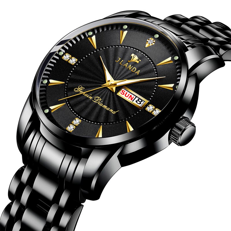 JLANDA-Reloj de pulsera de acero inoxidable para Hombre, Reloj de lujo clásico, de negocios, con fecha y semana, de cuarzo: Black