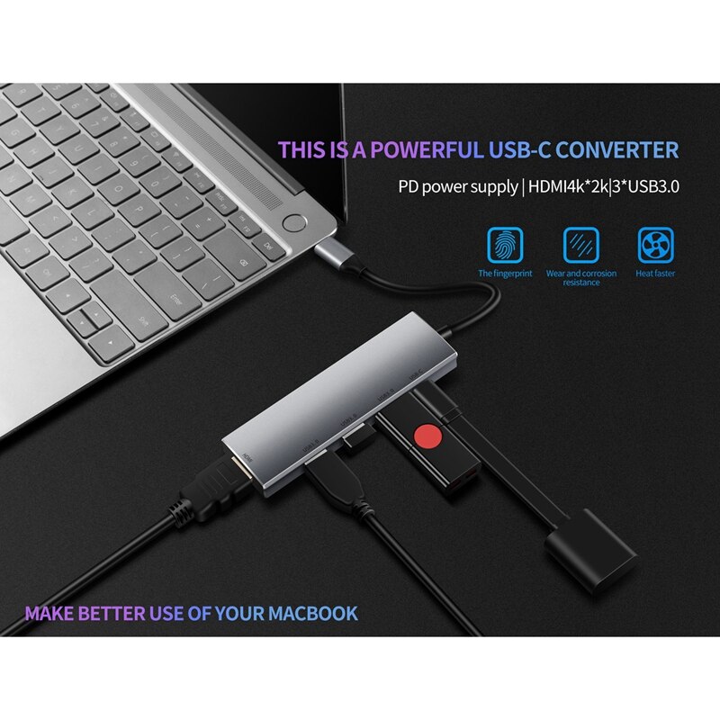 Usb c-hub voor mac-book pro/air, voor ipad pro 5- in- 1 usb c-hub met 4k hdmi- en 60w pd-oplaadpoorten, , 3 usb 3.0- hubs