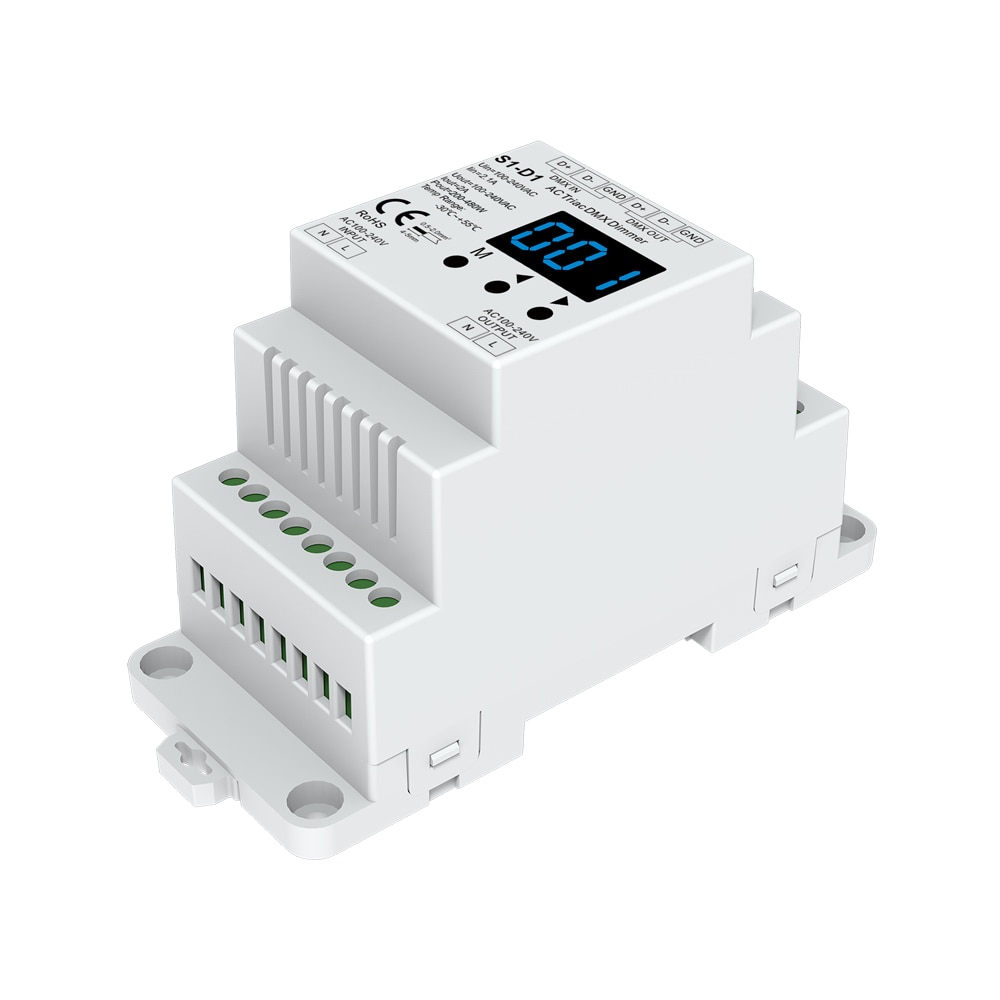 1CH*2A AC Phase-cut DMX Dimmer S1-D1 DIN rail AC100-240V 480W Triac DMX Dimmer, Dual channel output Silicon DMX 512 controller