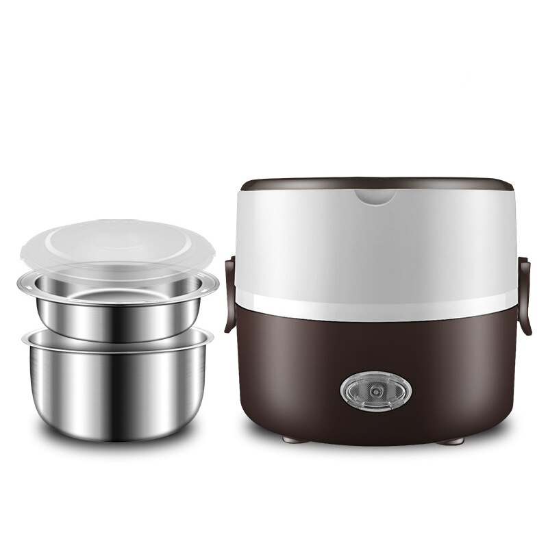 2L 220V Home Electric Lunch Box Stainless Steel Office School Rice Cooker Portable Food Warmer Container Heating Bento Box Set: 2 Layer Brown