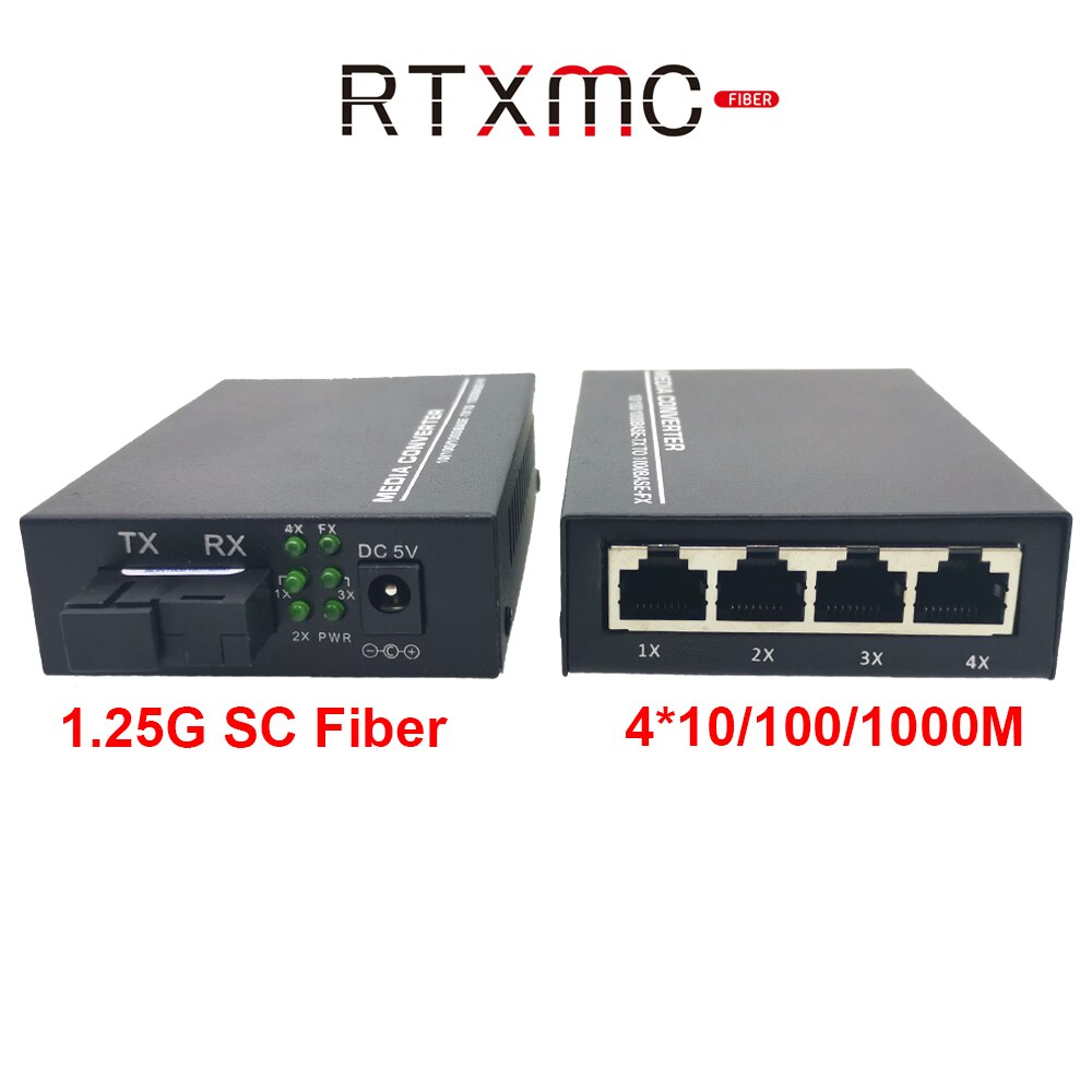 2PCS Fiber 1G4E 1.25G Fiber 4 port 10/100/1000M Gigabit Ethernet Switch 4Port 1.25G fiber 4 RJ45 fiber Media Converter