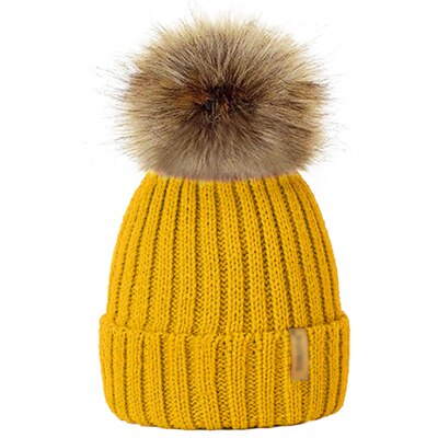 Ouder/kind dames mutsen warme winter pompom bont gebreide mutsen dames baby meisjes jongen bont pompom muts ski sneeuwmuts: Geel / Volwassen hoed