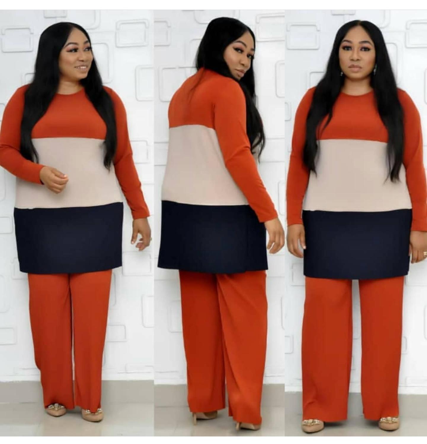 Autumn clothes big size 2 piece set women color lump spliced long tops and loose long pants 2 piece set casual outfit DJN1: Orange / 5XL