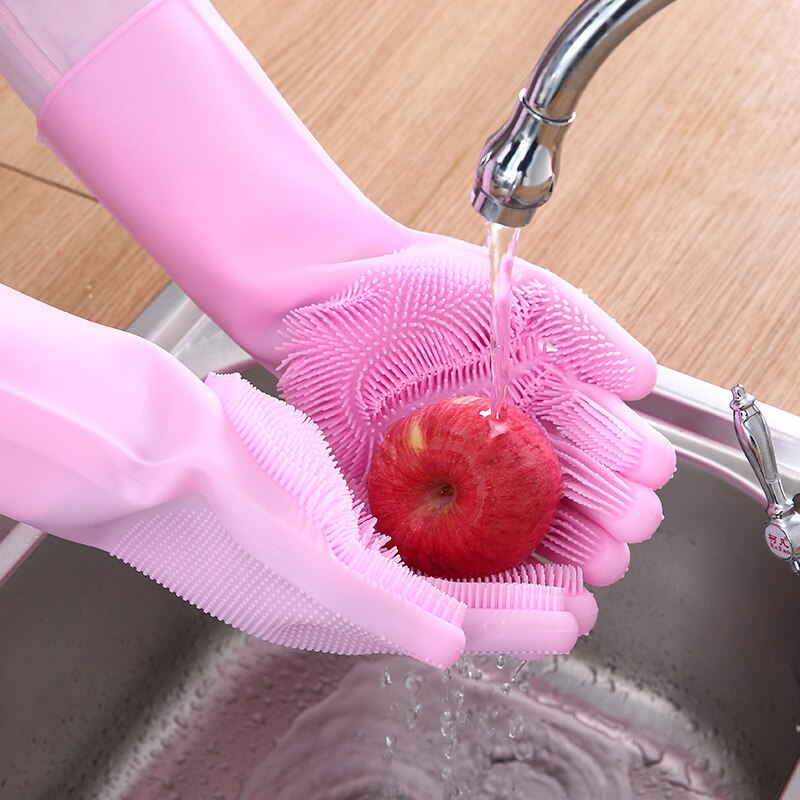 1 par magiske silikone opvask handsker let husholdning gummi skrubbe handsker køkken rengøringsværktøj