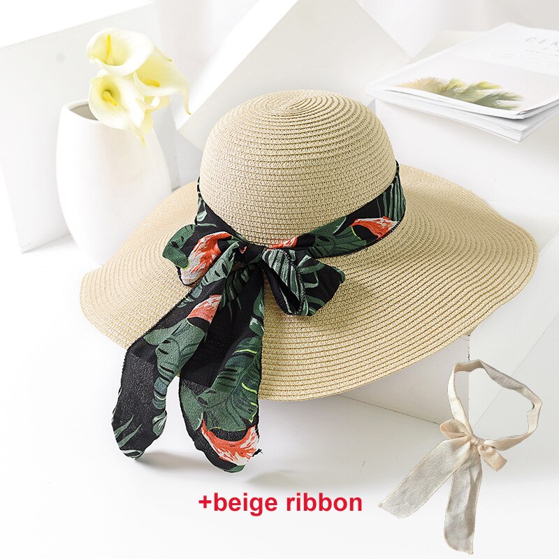 USPOP -chapeaux de soleil pour femmes, chapeau en paille, fait à la main, chapeau de plage à large bord, avec nœud papillon, ombre anti uv, été décontracté: Beige 3
