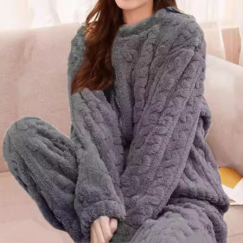 Kvinders pyjamassæt vinter nattøj o-hals løs langærmet top elastisk talje ben buksesæt bukser plus størrelse matchende sæt