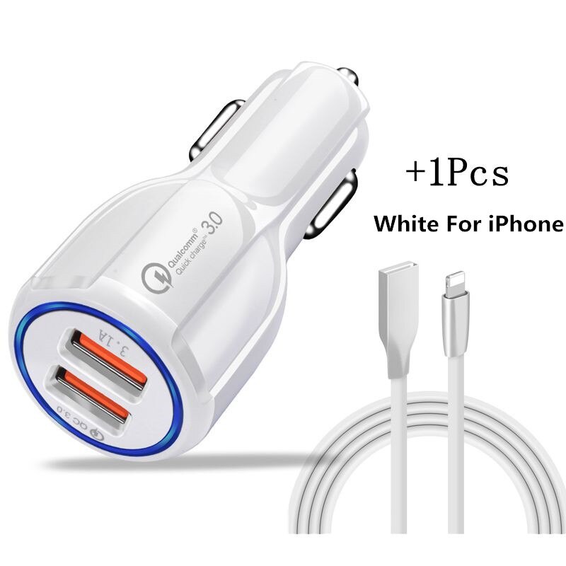 2 Usb-poorten Carcharger Quick Lading QC3.0 Snel Opladen Adapter Dual Usb Auto-Oplader Voor Iphone Micro Usb Type C Kabel Lader: With White IOS Cable