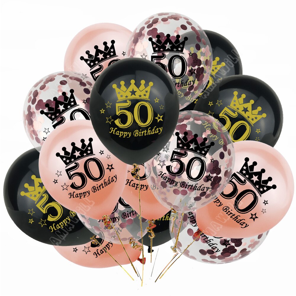 Globo de látex de 12 pulgadas para cumpleaños, confeti, 30, 40, 50, 60 y 70 años, decoración de de cumpleaños y boda, 15 piezas: rosegold-50