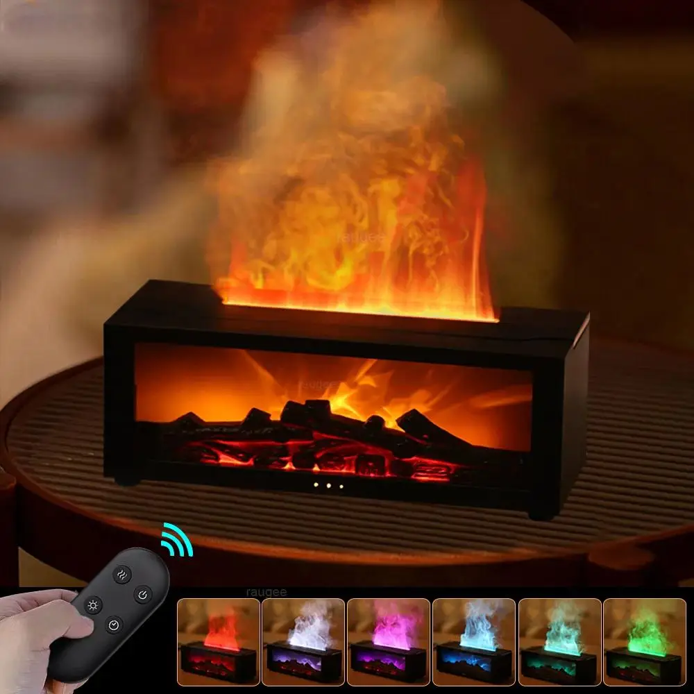 Humidificateur d'air, flamme, cheminée, Machine d'aromathérapie, diffuseur d'air de bureau, huile essentielle avec lumière colorée chronométrée, télécommande