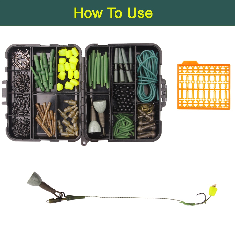214Pcs/Box Carp Fishing Tackle Kit Including Hooks Swivels Beads Lead Sinker Anti Tangle Sleeves Baits Terminal Tackle