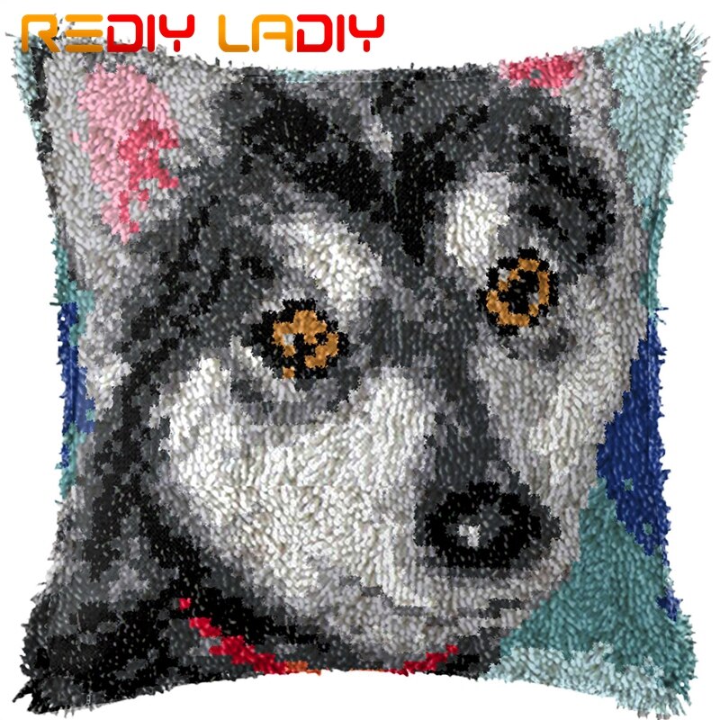 Latch Hook Kit Make Your Own Cushion Animals Wolf Pre-Printed Canvas Crochet Pillow Case Latch Hook Cushion Cover Hobby &amp; Crafts