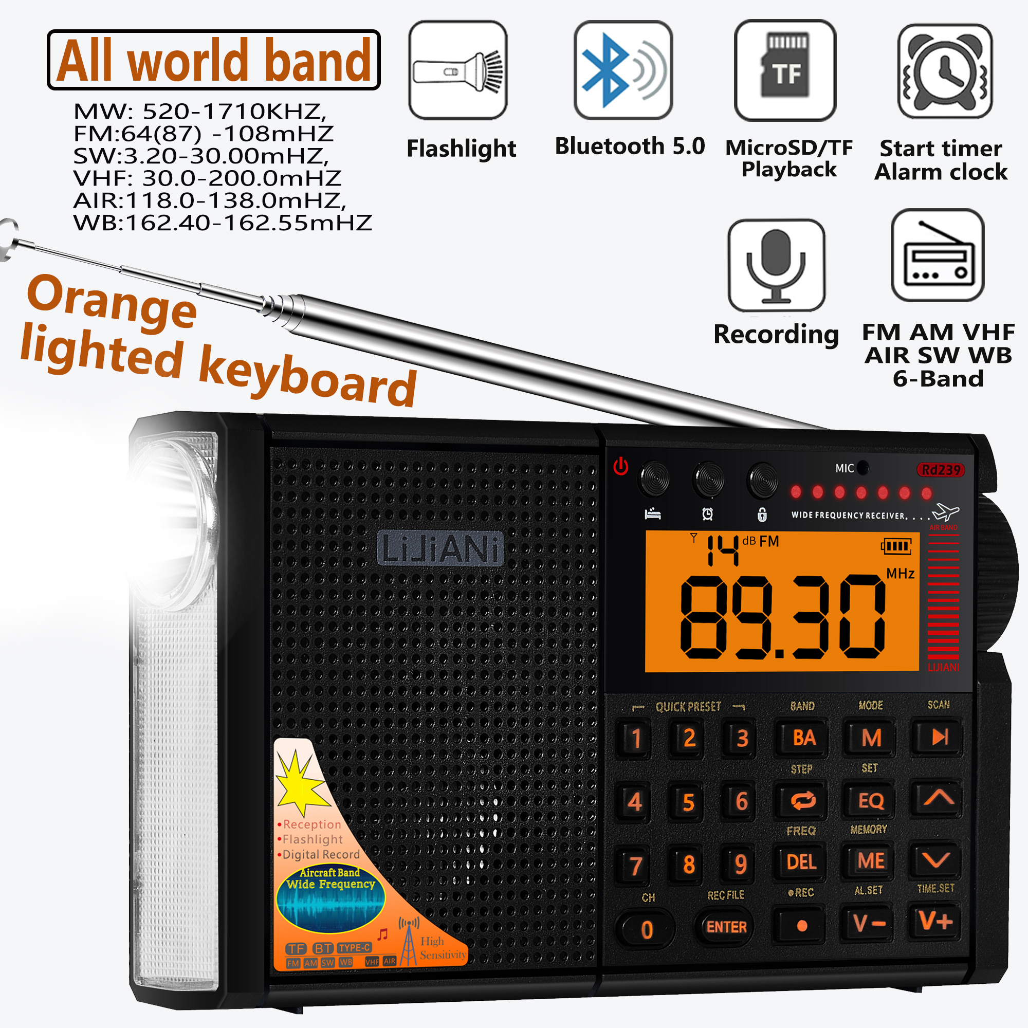 Rd239 fm sw mw vhf air wb alle welt band radio mit bluetooth/tf kartens pieler, digitale aufnahme, wecker amateur kurzwellen radio