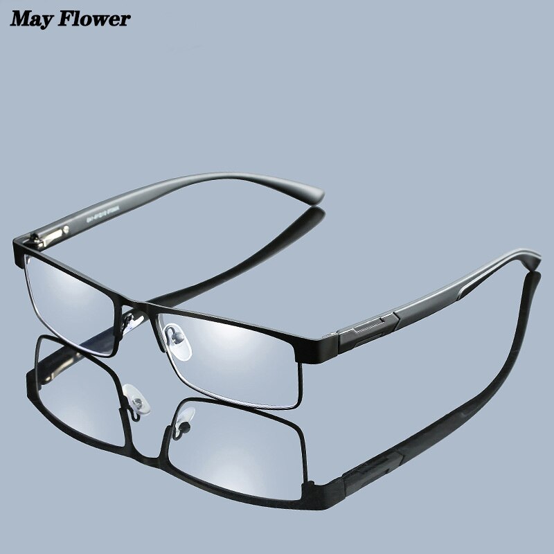 May Flower Reading Glasses Titanium Alloy Coated Lenses Presbyopic Eyewear Square Anti-Blue Spectacles Eyeglasses For Men+3.5+4